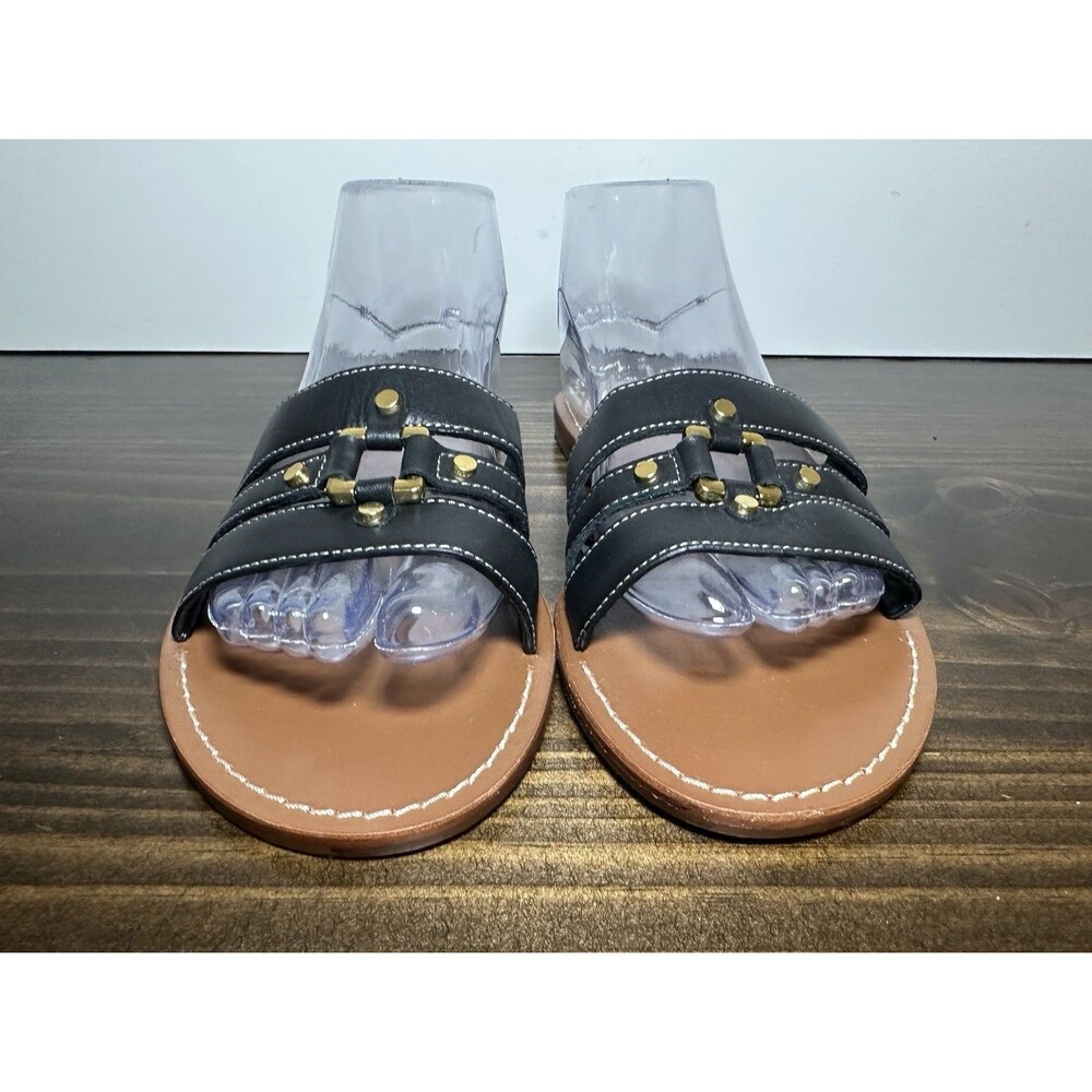 Zara Leather Flat Sandals Slip On Black Gold Studded Accents Women's 7.5‎ EU 38 - Picture 5 of 9